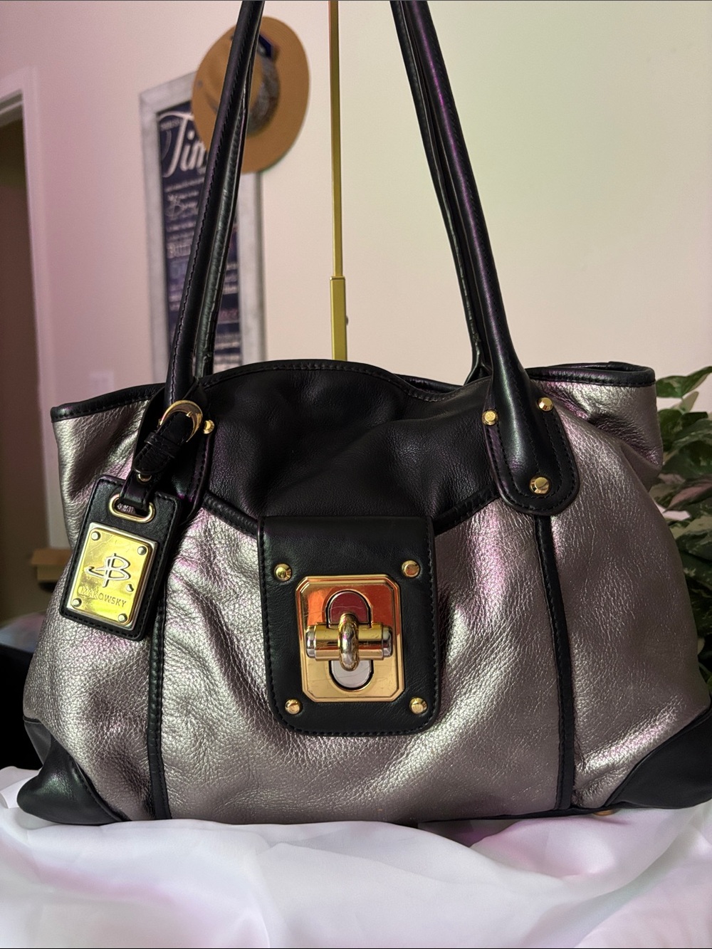 B. Makowsky Silver Metallic & Black Shoulder Bag with Gold Hardware